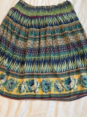 Angie Multicolor Floral & Chevron Smocked Waist Skirt - Green/Blue/Yellow